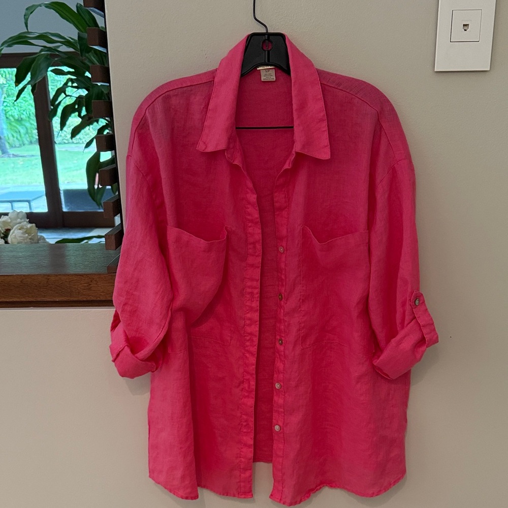 Magaschoni HOT pink S oversized Linen Blouse Top button up shirt long sleeve